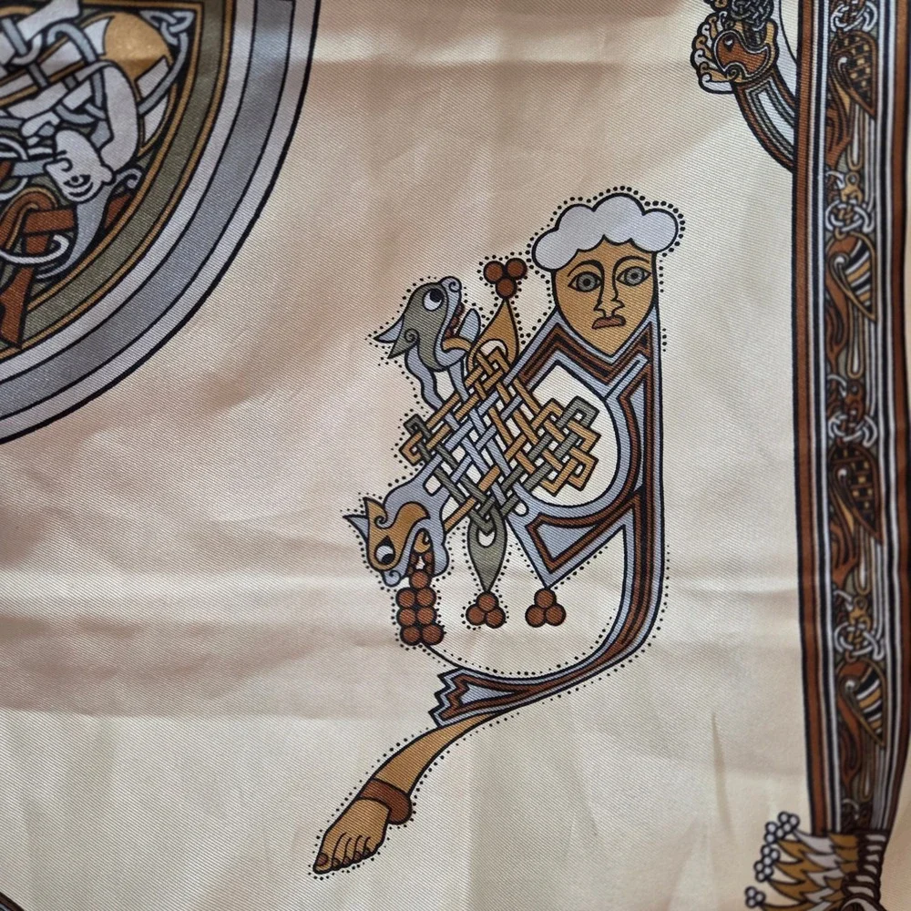 The Book of Kells Inspired Celtic Knotwork Square Scarf Cream Grey Gold Scarf